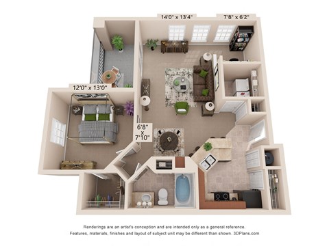 Floor plan for 1 bed, 1 bath, 854 sqft